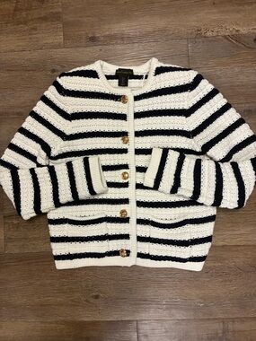 House of Harlow 1960 Navy and White Striped Crochet Cardigan with Gold Button